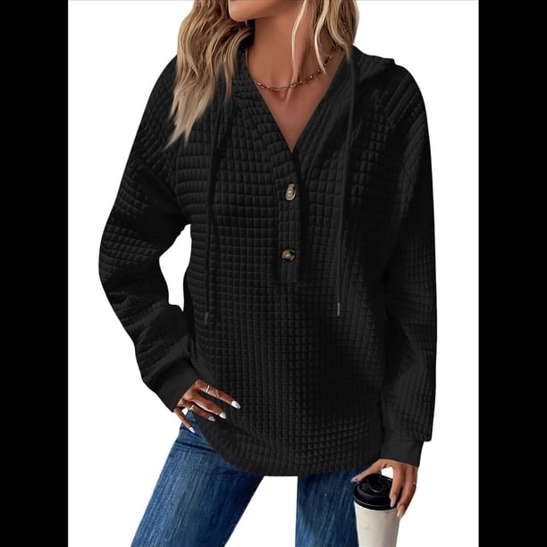 Sudadera Informal de Punto Gofre para Mujer 2025, Suéter de Cuello en V con Botones Extragrandes y Capucha con Cordón. Negro S