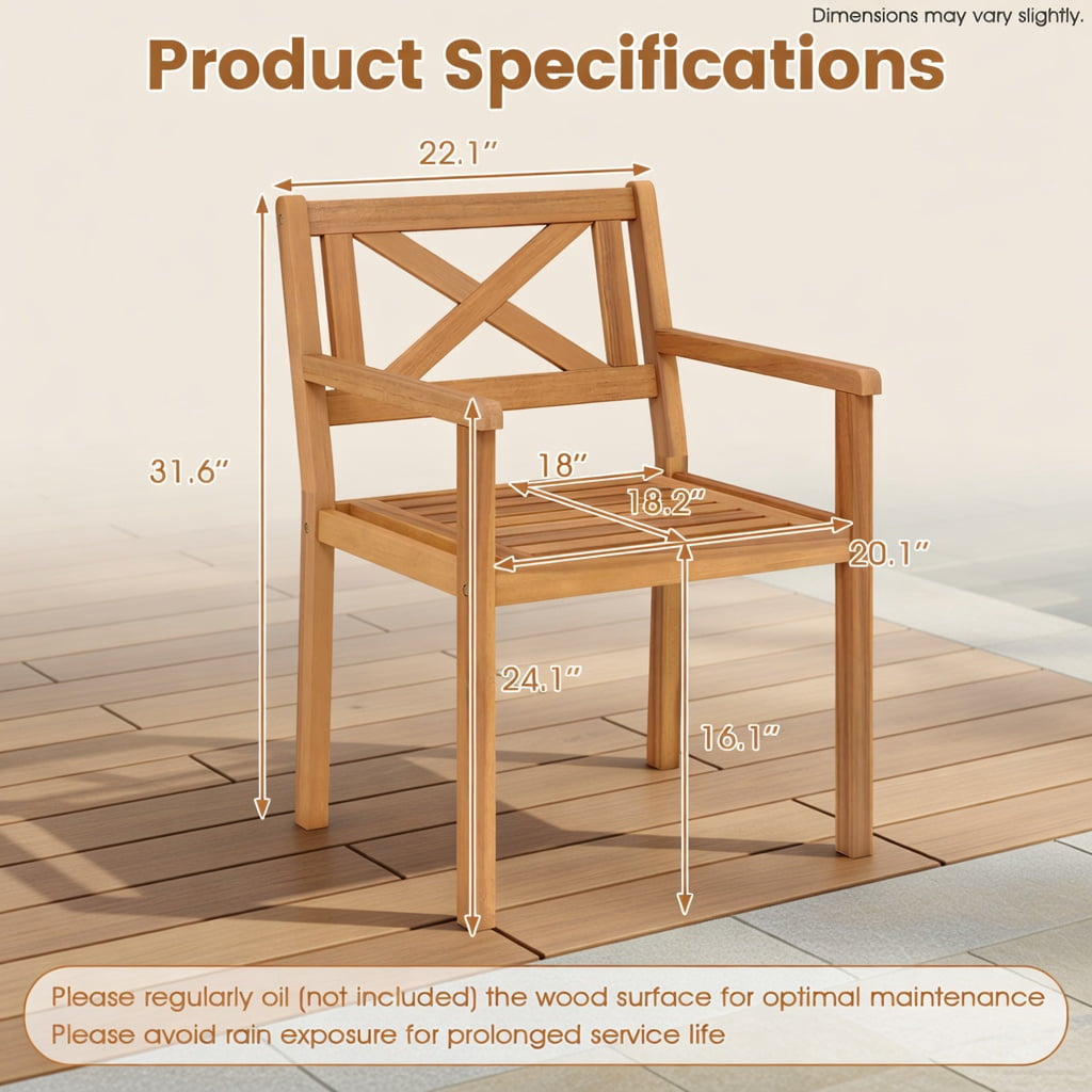Hommoo Set of 2 Outdoor Acacia Wood Patio Dining Chairs, Teak Finish, Ergonomic Slatted Design for Deck, Porch & Garden, Natural