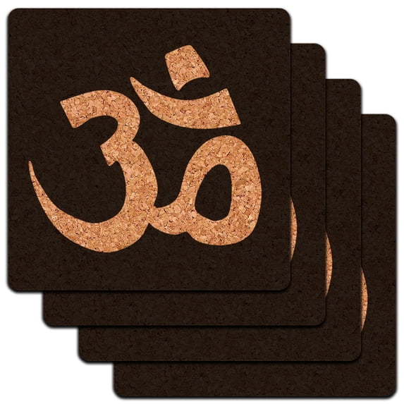 Om Aum Yoga White on Black Low Profile Cork Coaster Set
