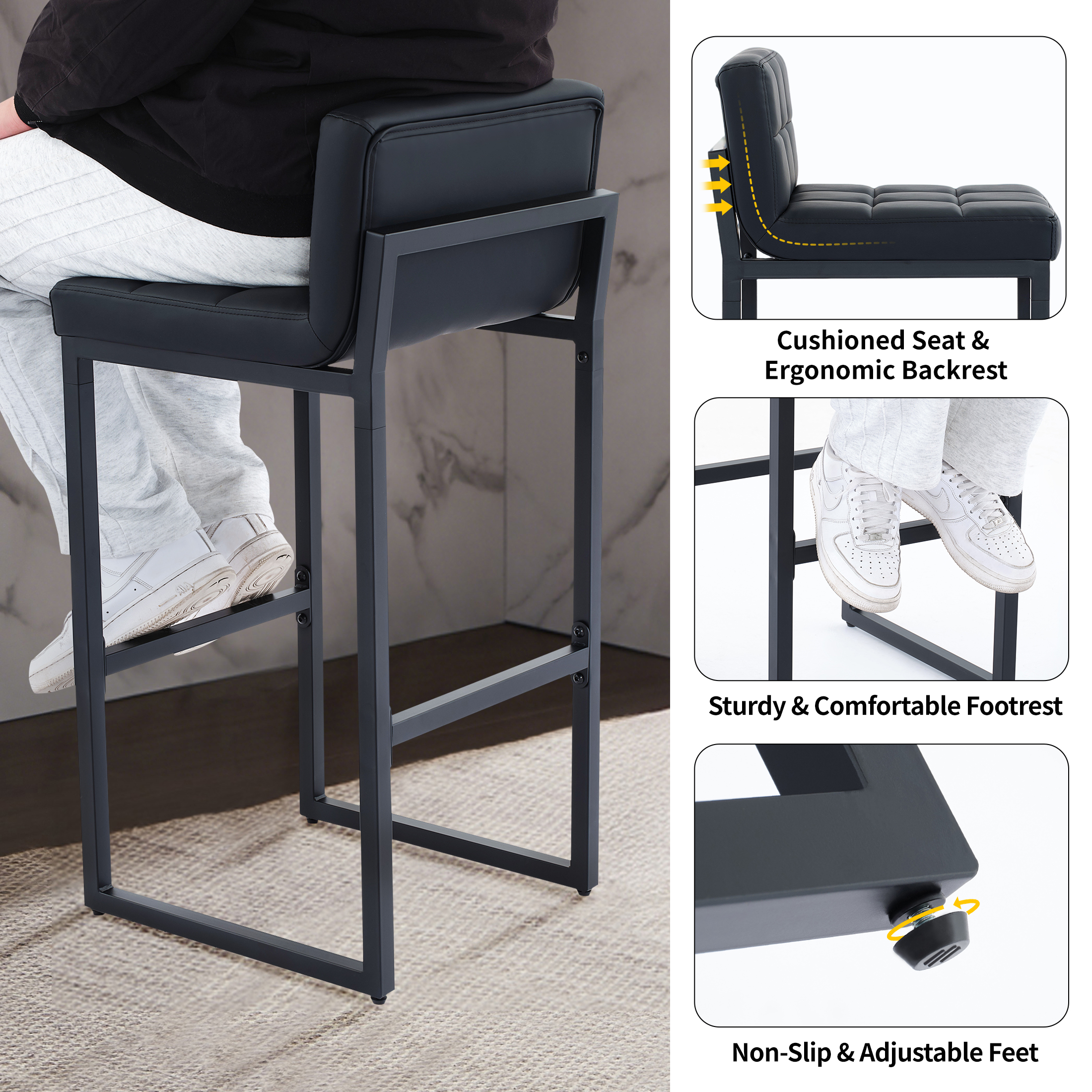 FIRAVOE Counter Height Bar Stools with Back Set of 3, Black photo 3