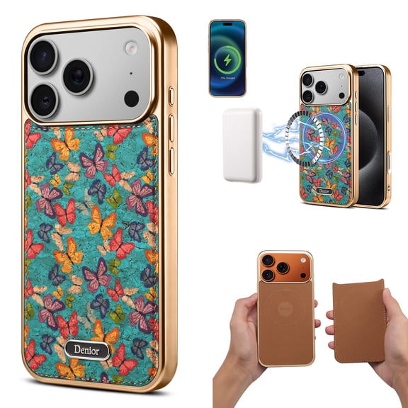 Magnetic Case for iPhone 17 Pro, [Compatible with Mag-Safe] Stylish Floral Flowers Aesthetic Slim Fit Thin PU Leather Plating Drop Protective Shockproof Phone Cover for Women Girls, Butterflyblue