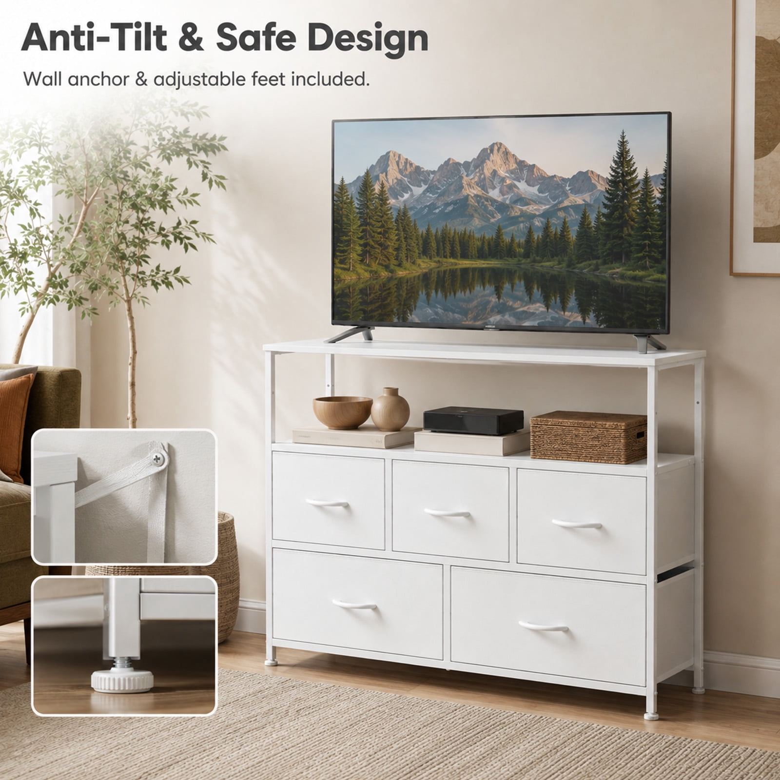 Alvantor Tall Fabric Dresser, TV Stand Media Console, 5 Drawer Storage Tower with Wooden Top for Bedroom, Entryway, Nursery