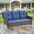 thumbnail image 2 of POCASSY 68" Width Outdoor 3-Seater Sofa Patio Couch, All Weather Brown Wicker Patio Couch with Cushions for Porch Deck Backyard Pool, Blue, 2 of 9