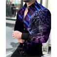 thumbnail image 1 of Camisa de fiesta para hombre con estampado de león en HD y botones de solapa, informal, de manga larga, color morado, 1 of 6