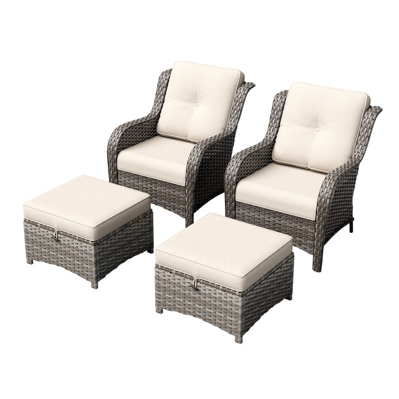 Meetleisure 4 Piece Wicker Patio Furniture Set, Rattan Chairs with Ottomans, High Back, Deep Seating, Wide Armrest, Thick Cushions for Deck Porch, Beige