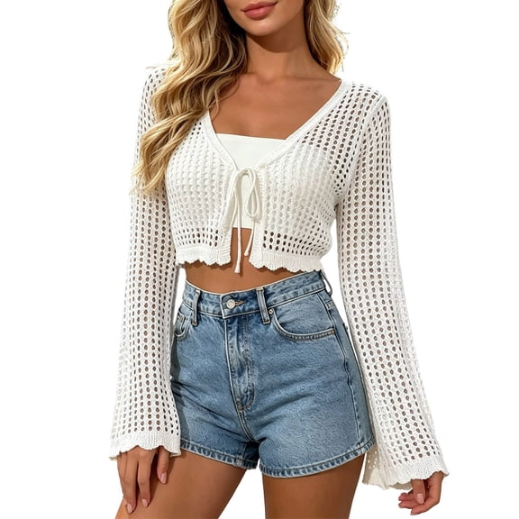 Swanpen Women Crochet Cardigan Lightweight Tie Front Hollow Out Long Sleeves Summer Knit Cover Up Crop Cardigans