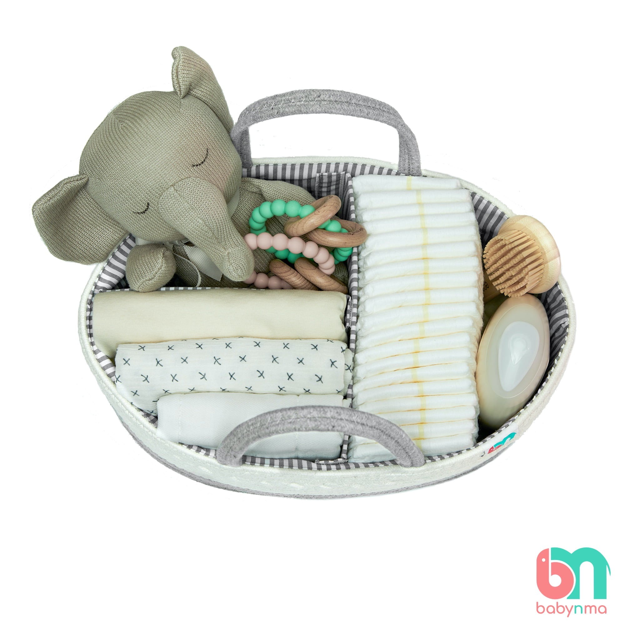 Babynma Rope Diaper Caddy - Extra Large Storage for Baby and Toddler Items - Convenient Organizer for Nursery, Bedroom, Living Room, Car - Baby Shower and Registry Gift - White and Grey