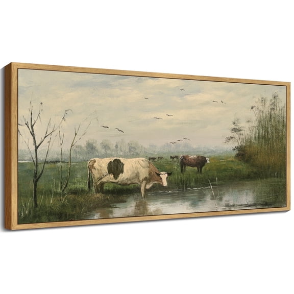Drsoum Vintage Landscape Wall Art Cow Farm Dairy Cattle Classic Wall Prints Classic Retro Farmhouse Rustic Decorations for Living Room Bedroom 8x16in Natural Framed