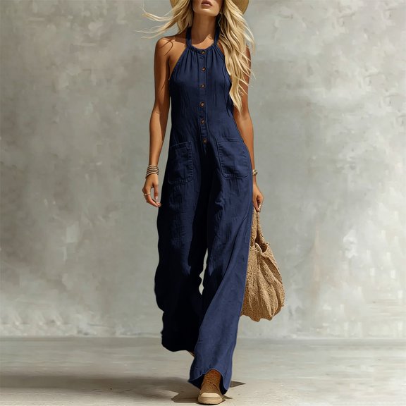 IUYRTFE Women V Neck Front Button Linen Style Jumpsuit Sleeveless Wide Leg Romper with Pockets
