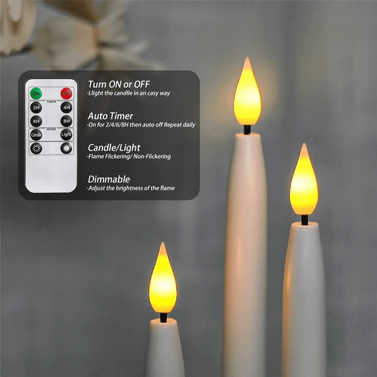 8 Pcs Remote Flameless Candlesticks,Timer Battery Operated LED Taper Candles for Halloween,Wedding Decoration White