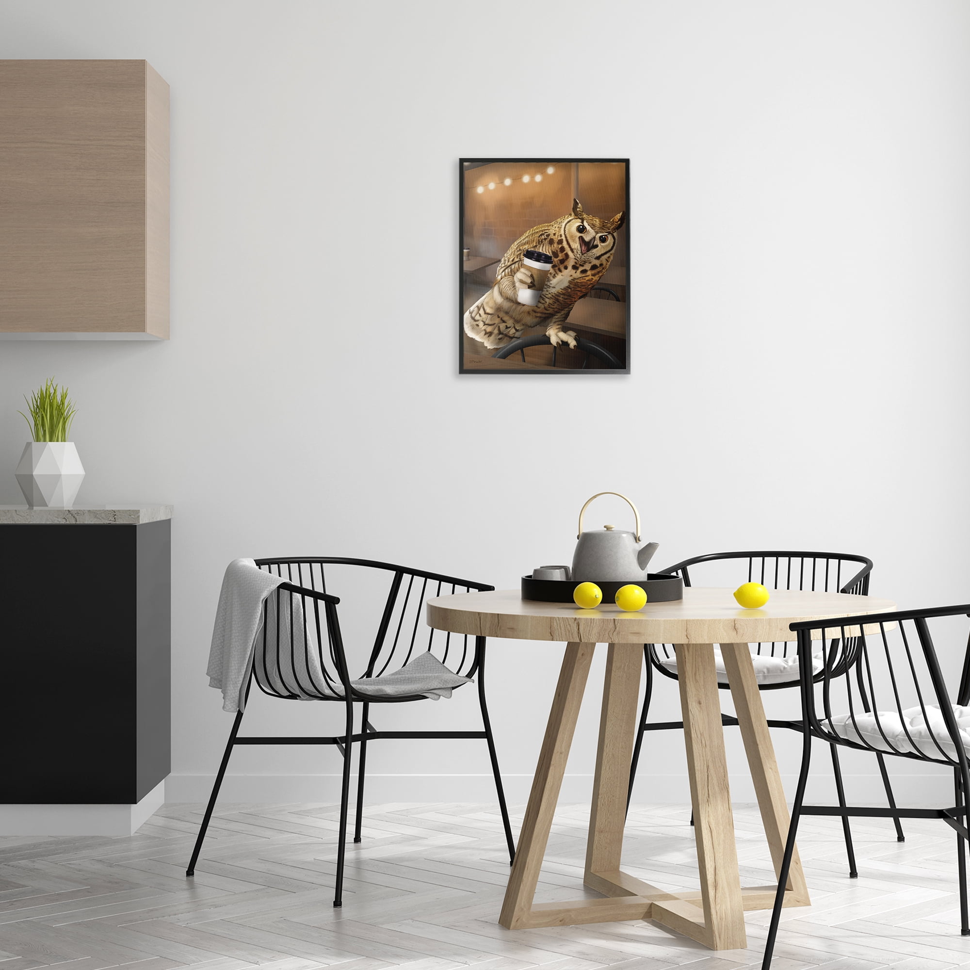 Stupell Industries Owl with Coffee Cup Food & Beverage Painting Black Framed Art Print Wall Art, 16 x 20