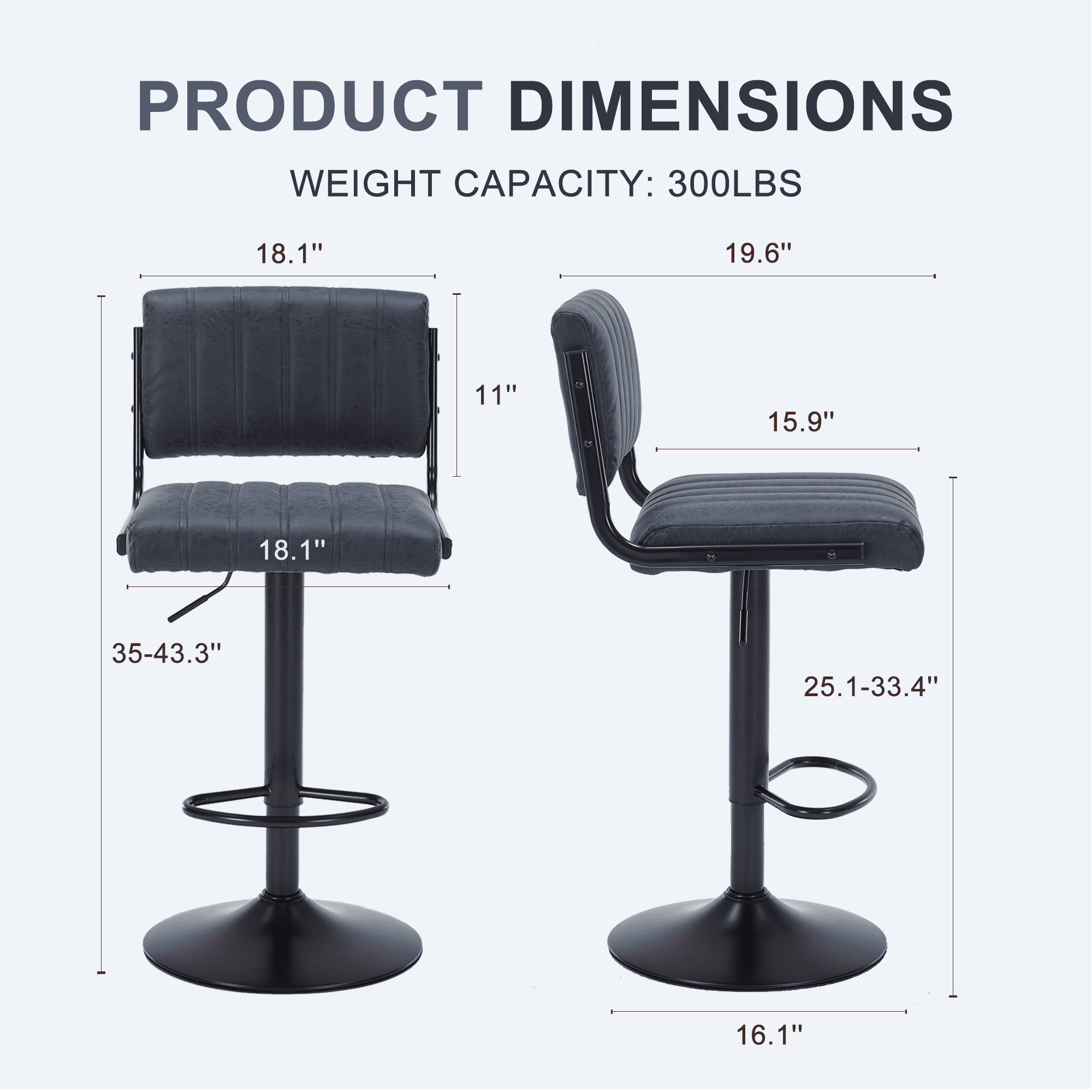 ENYLAY Adjustable Swivel Bar Stools Set of 4, Modern Faux Leather Counter Height Bar Chairs with Mid Back & Footrest for Kitchen Island Home Bar Pub, Black