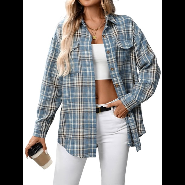 Camisa Abotonada para Mujer, Camisa A Cuadros, Larga, Solapa, Informal, para Negocios, Trabajo Azul S