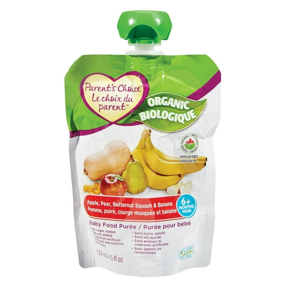 Purée biologique pour bébé Le Choix du Parent à saveur de pomme, poire, courge musquee et banane 128 ml