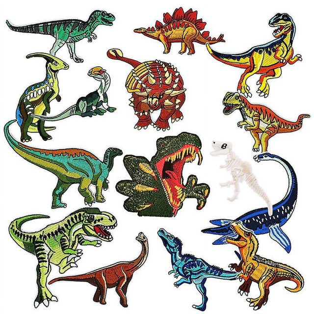 Un juego de 15 pegatinas de tela de dinosaurio, parches de colores, calcomanías de ropa de animales de dibujos animados, parches decorativos