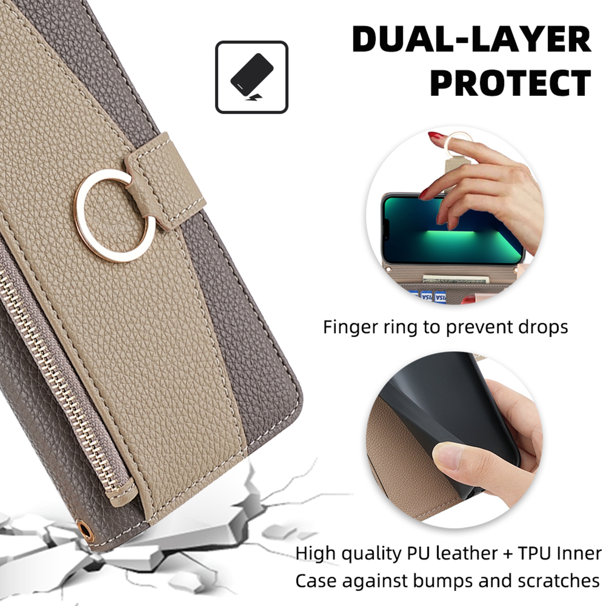 Dteck Crossbody Wallet Case for Samsung Galaxy A35 5G, Bicolor PU Leather Zipper Purse with Card Holder Mini Make-up Mirror for Women Girls,Folio Flip Phone Case with Magnetic Closure,Gray