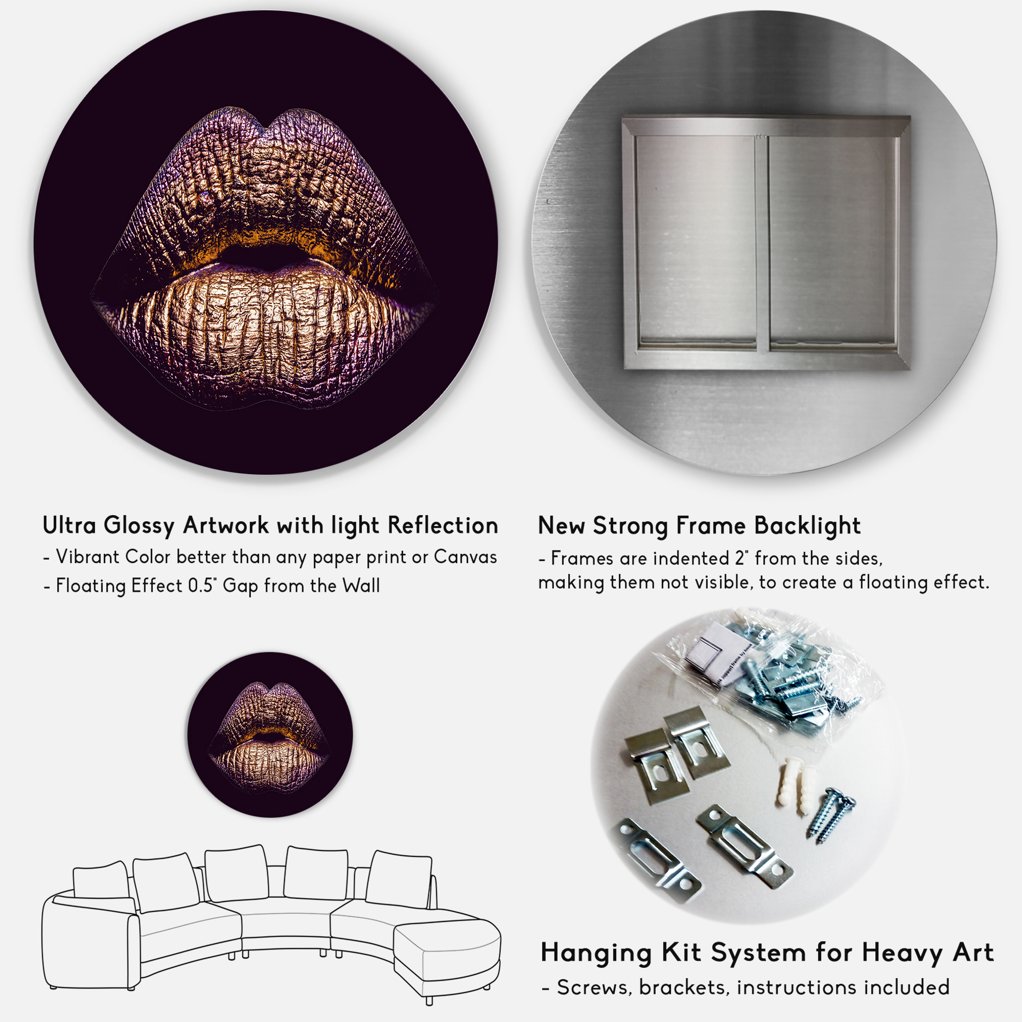Designart 'Sexy Golden Metallized Woman Lips III' Modern Circle Metal Wall Art 29x29 - Disc of 29
