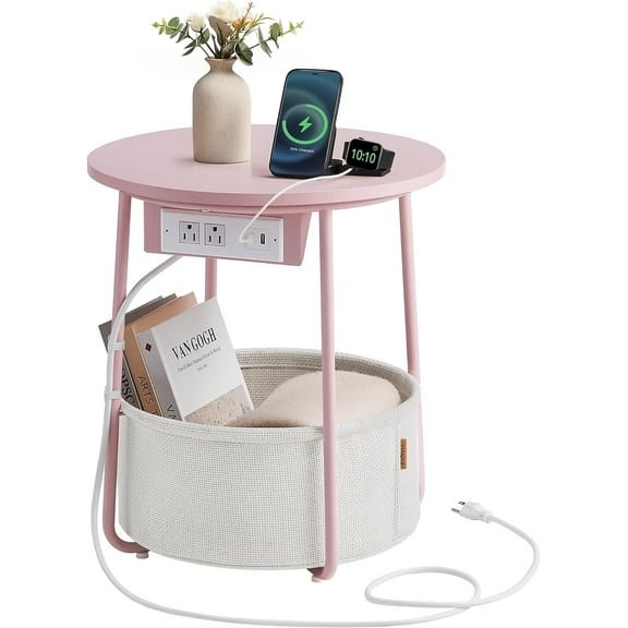 VASAGLE LILEA Collection - Side Table with Charging Station, Round End Table with Fabric Basket, Nightstand with USB Ports, for Living Room, Bedroom, Modern, Jelly Pink and Cream White ULET228R01