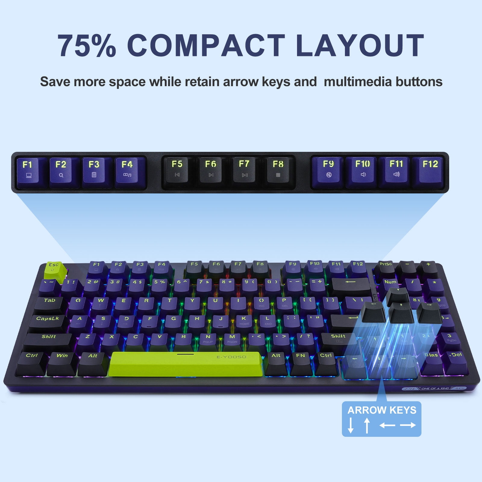 E-YOOSO Z-94 Mechanical Keyboard Rainbow Backlit, 94 Keys 90% Gaming Keyboards for Games and Office Work, Black (Blue Switch)