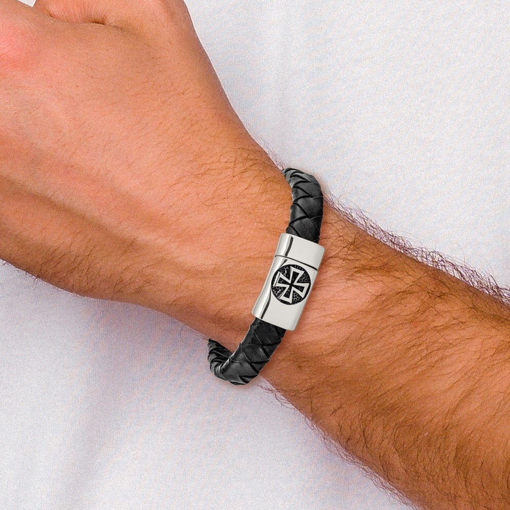 Diamond2Deal Stainless Steel Antiqued and Polished Cross Black Leather Bracelet for Men 8.5"