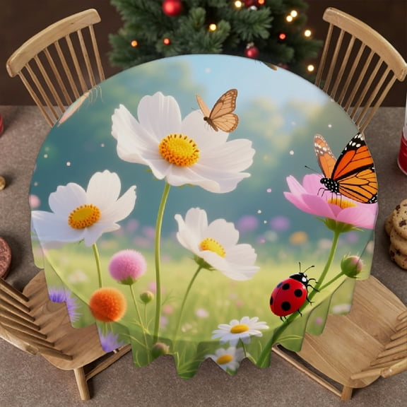 1pc Flower with Butterfly Print tablecloths for round tables,  Holiday-Themed Design Polyester Tablecloths, Flower with Butterfly