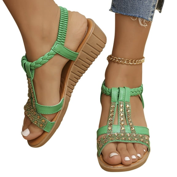 Honeeladyy Women Rhinestone Flat Sandals Summer T Strap Buckle Bohemian Crystal Lightweight Clearance Sandals for Dress Wedding Party Birthday Gifts for Wife Green Size 40