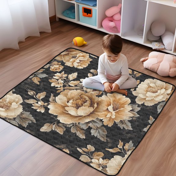 WOBOGO Brown and Beige Flowers Pattern Baby Playmats Extra Large Waterproof Rollable Activity Pads for Toddlers 50×50inch