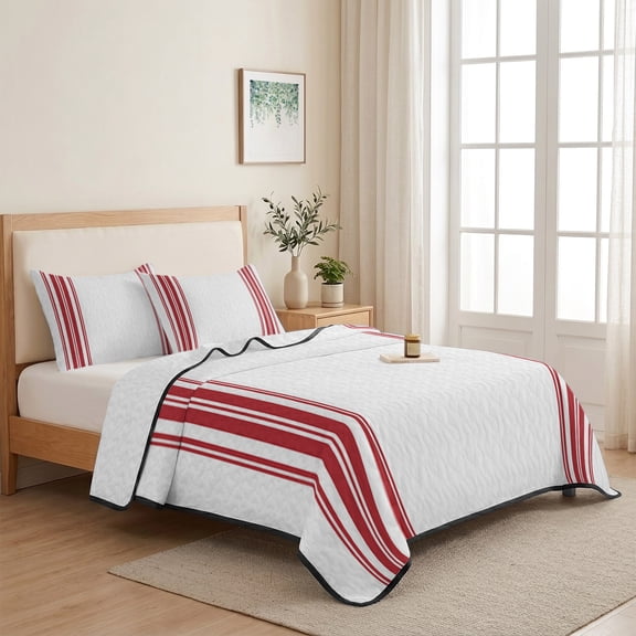 Farmhouse Red Full Size Quilt Set Lightweight Bedspread Coverlet Set, Stripes Decoration Quilted Bedding Cover with 2 Pillow Shams for All Season Layering 78"x90"