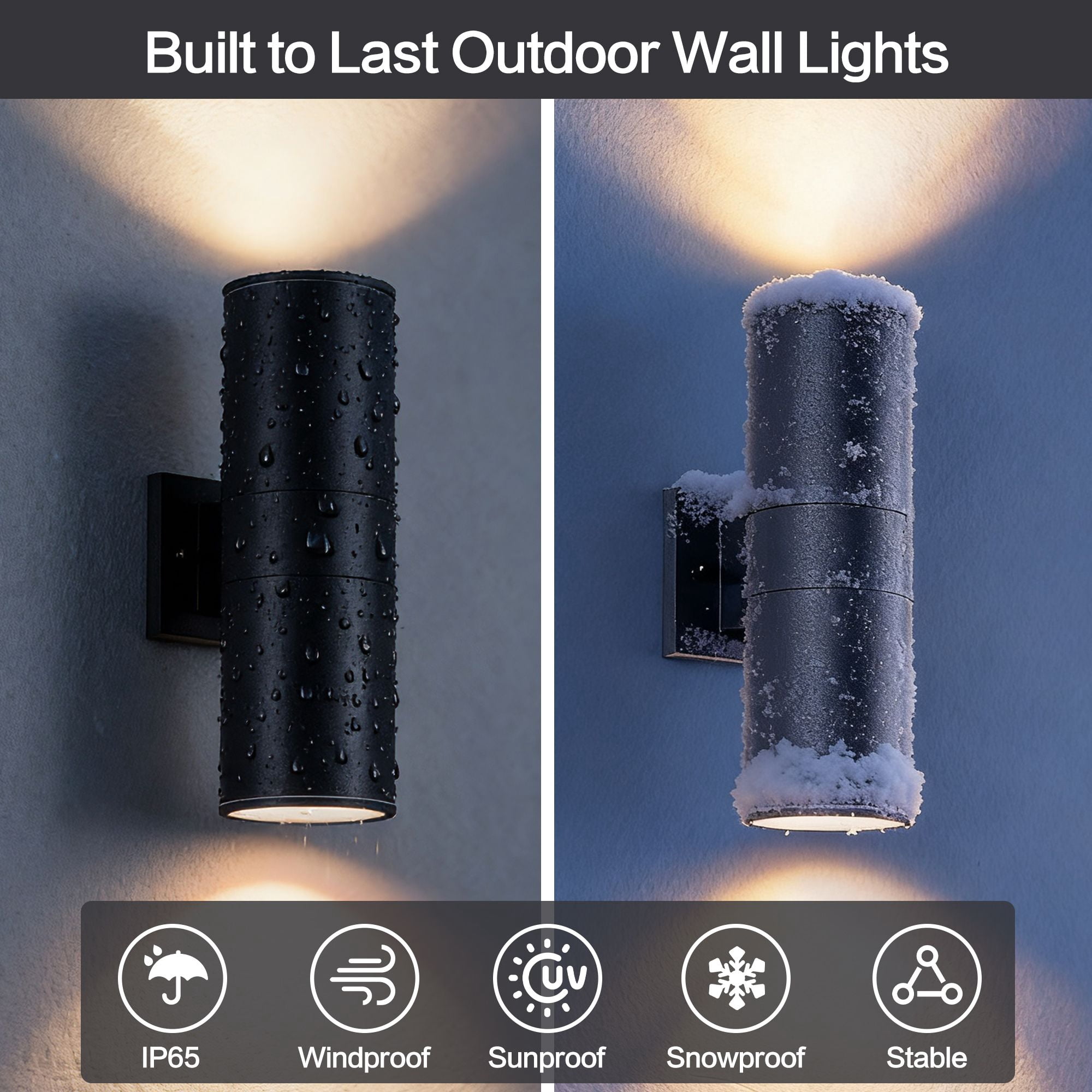 14 Inch Modern Outdoor Wall Sconce, 2-Light IP65 Waterproof Exterior Light, Rust-Resistant Aluminum Cylinder with Tempered Glass, Matte Black, 2-Pack, Bulbs Not Included