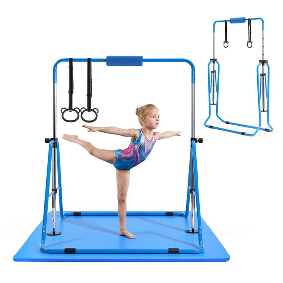 KFFKFF Gymnastic Bars for Kids, 140 lbs Capacity Folding Training Kip Bar with Mat, Adjustable Height Horizontal Bar for Home Use, Indoor and Outdoor Training Equipment, Easy Assembly, Blue