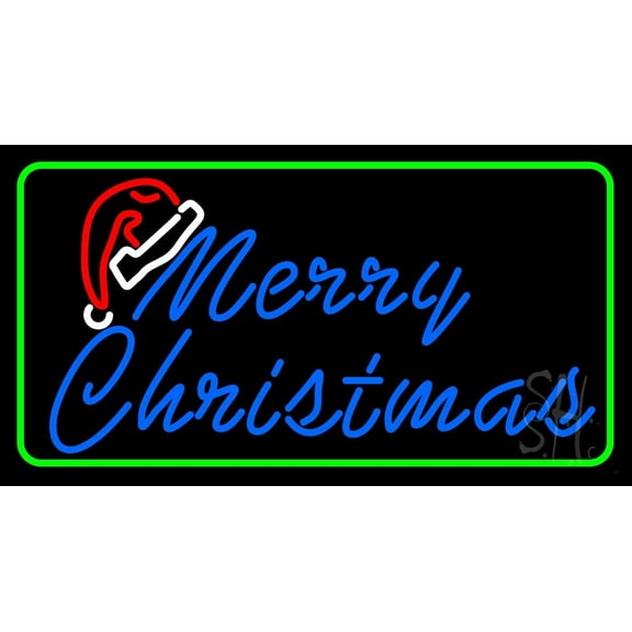 Green Border Merry Christams With Hat LED Neon Sign 13 x 24 - inches, Clear Edge Cut Acrylic Backing, with Dimmer - Bright and Premium built indoor LED Neon Sign for special occasion decor.
