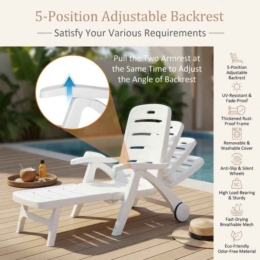 Hommoo 5-Position Adjustable Outdoor Chaise Lounge Chair with Wheels, PP Folding Lounger for Patio, Poolside & Backyard, Gray