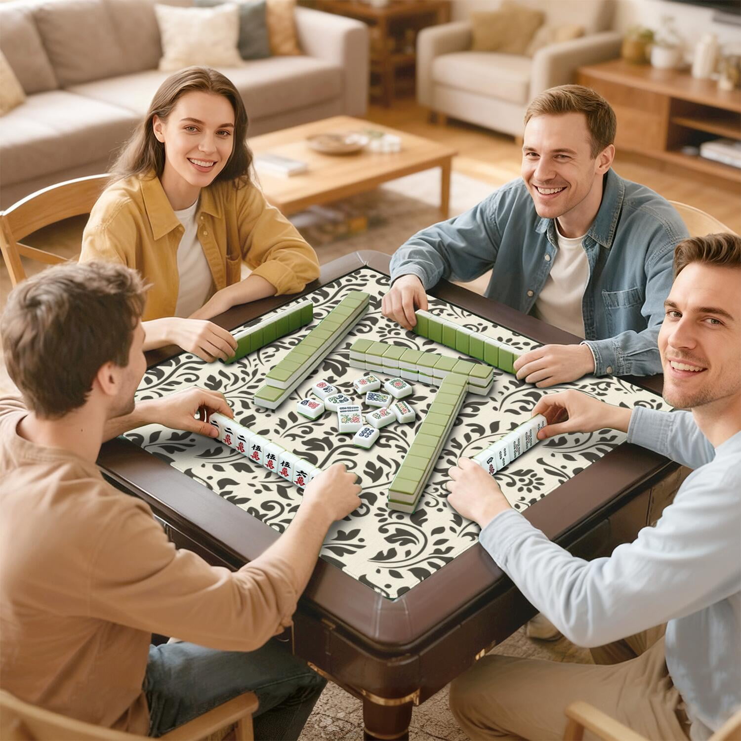 Floral Style Mahjong Game Mat 31.5 Inch Square Rubber Construction Offers Non-Slip Grip and Sound Control for Tiles