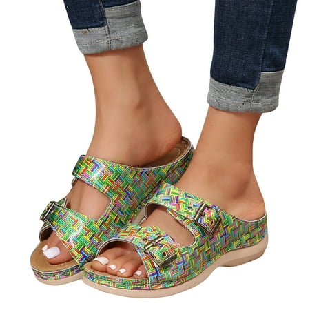 

mtvxesu Slides Women s Large Slippers 2024 Hollow Metal Button Slope Heel Wearing Multi Color Casual Slippers Slide Sandals Women Outdoor Slides for Women Limited Time Offer