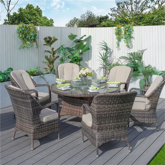 Elegant Brown Aluminum Round Dining Set with 6 Chairs - Outdoor - Durable Design