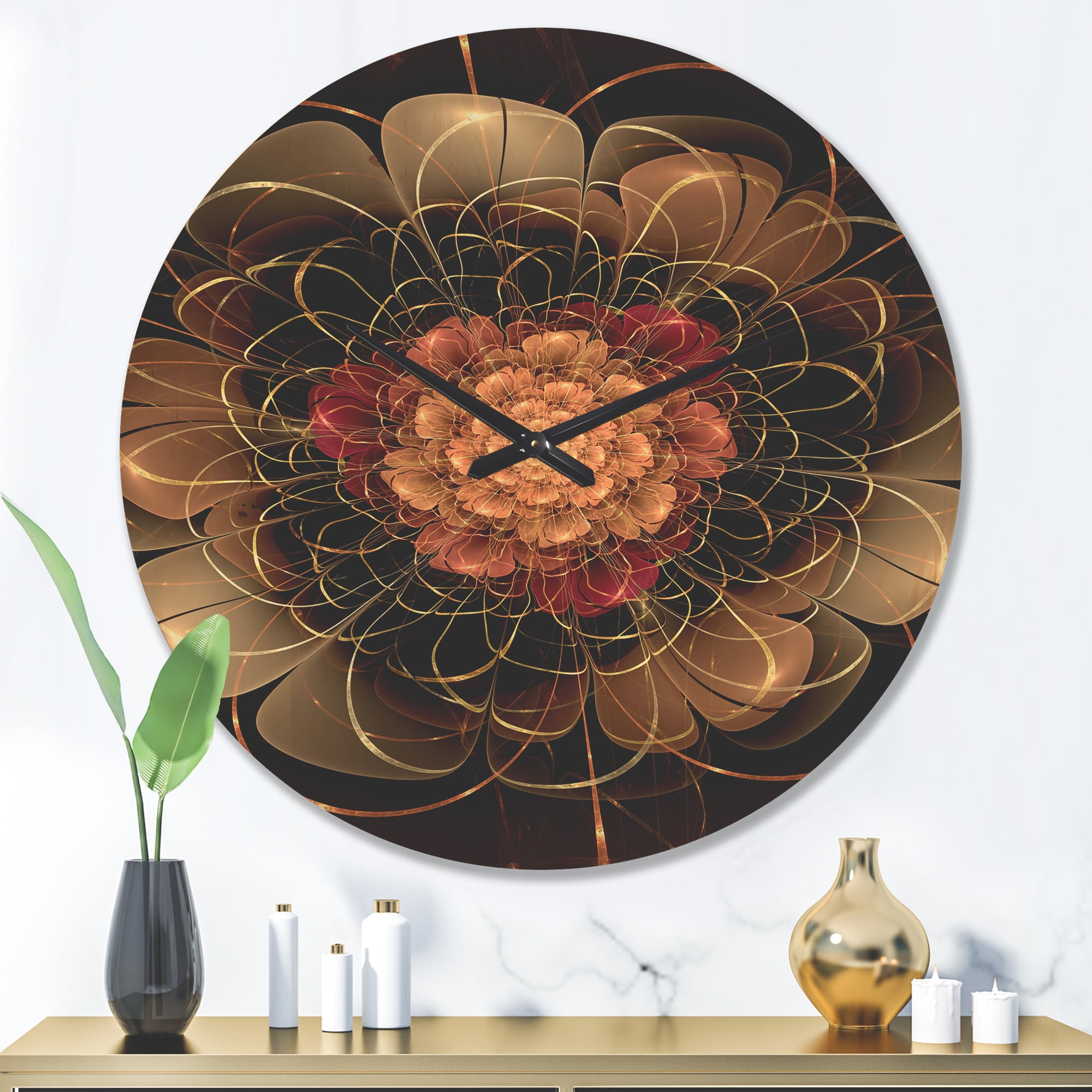 Designart 'Red Dark Gold Fractal Flower Pattern ' Modern Wood Wall Clock