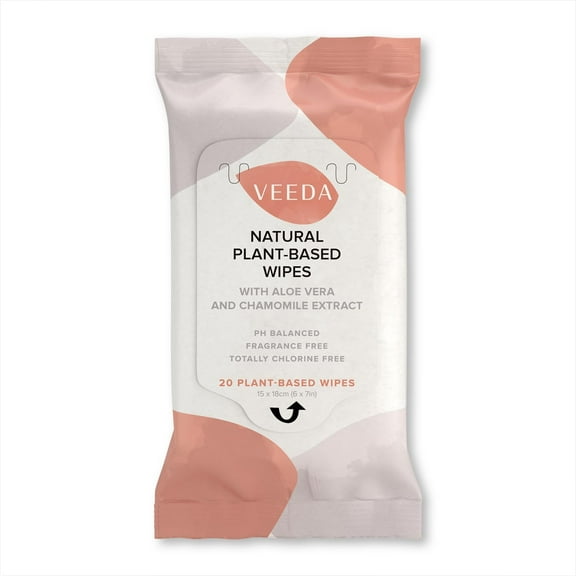 Veeda Plant-Based Feminine Wipes – pH-Balanced, Hypoallergenic & Biodegradable Wipes for Sensitive Skin, Fragrance-Free Travel Sized Wipes – 20 Count