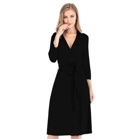 

Women s Kimono Resort Spa Robe Knee Length V Neck Bathrobe Shower Gown with Belt 3/4 Sleeve Lightweight Short Soft Cotton Sleepwear Loungewear This Robe S-2XL Black
