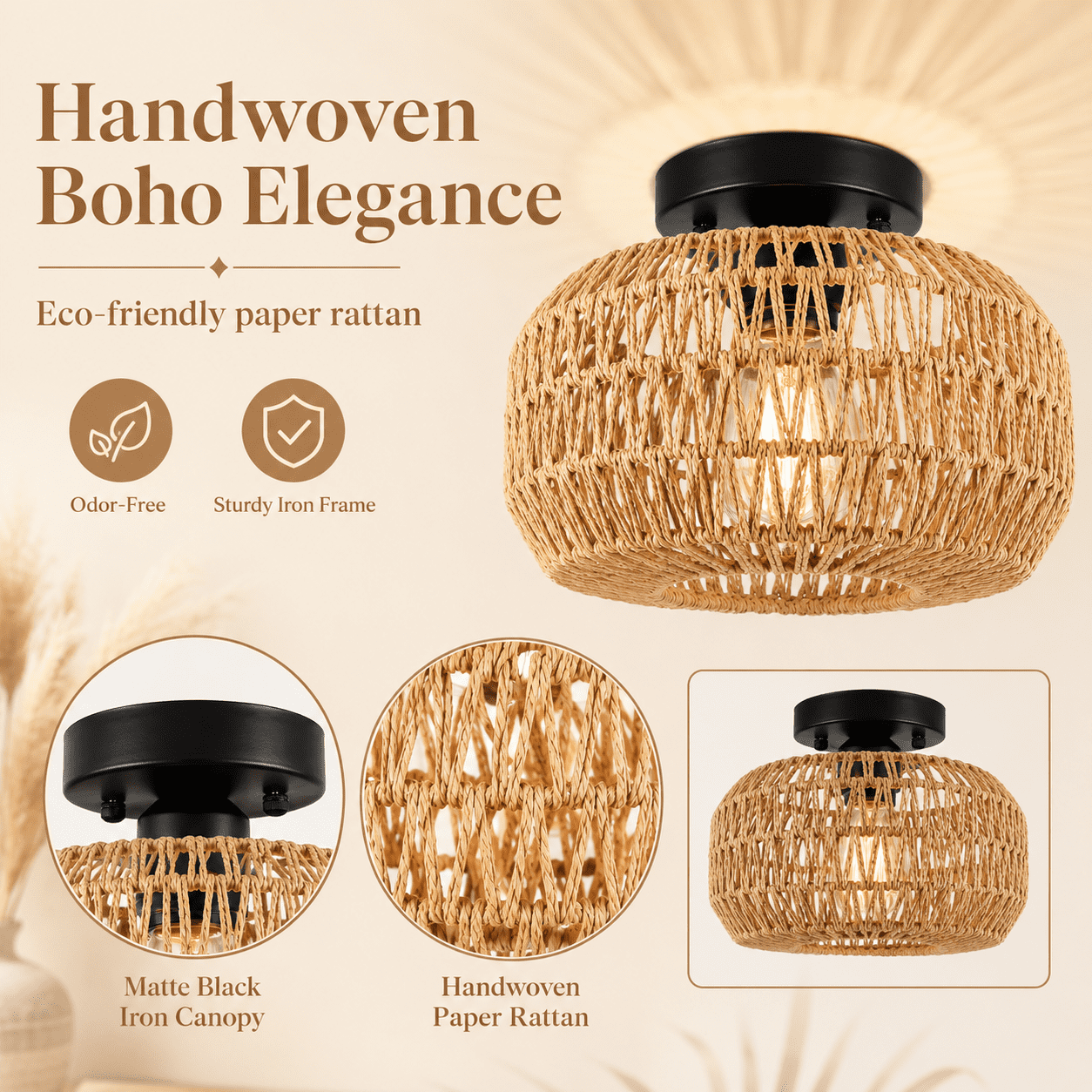 DONGPAI Boho Light Fixtures Ceiling Mount, 11.8" Rattan Mini Chandelier Hand Woven Wicker Semi Flush Mount Ceiling Light for Bedroom Kitchen Hallway Entryway Living Room (Bulb Included)