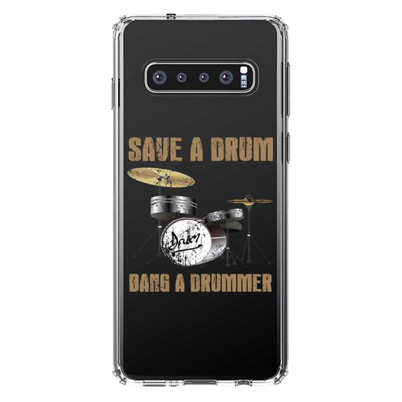 DistinctInk Clear Shockproof Hybrid Case for Samsung Galaxy S10 (6.1" Screen) - TPU Bumper Acrylic Back Tempered Glass Screen Protector - Save a Drum, Bang a Drummer