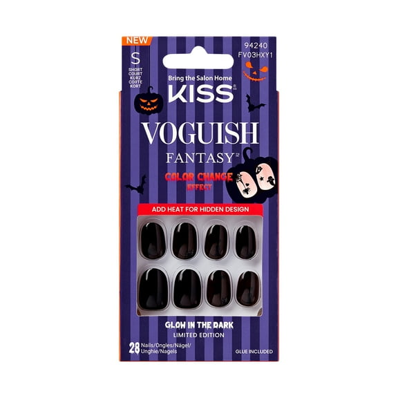 KISS Voguish Fantasy Glow in the Dark & Color Change Effect, Press On Nails, Better, Black, Short Oval, 28 Count