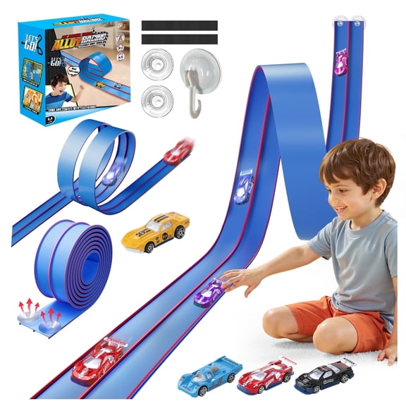 KNMDU 15 ft Flexible Race Track Set with 4 Cars and Suction Cups, Blue, for Kids Ages 3