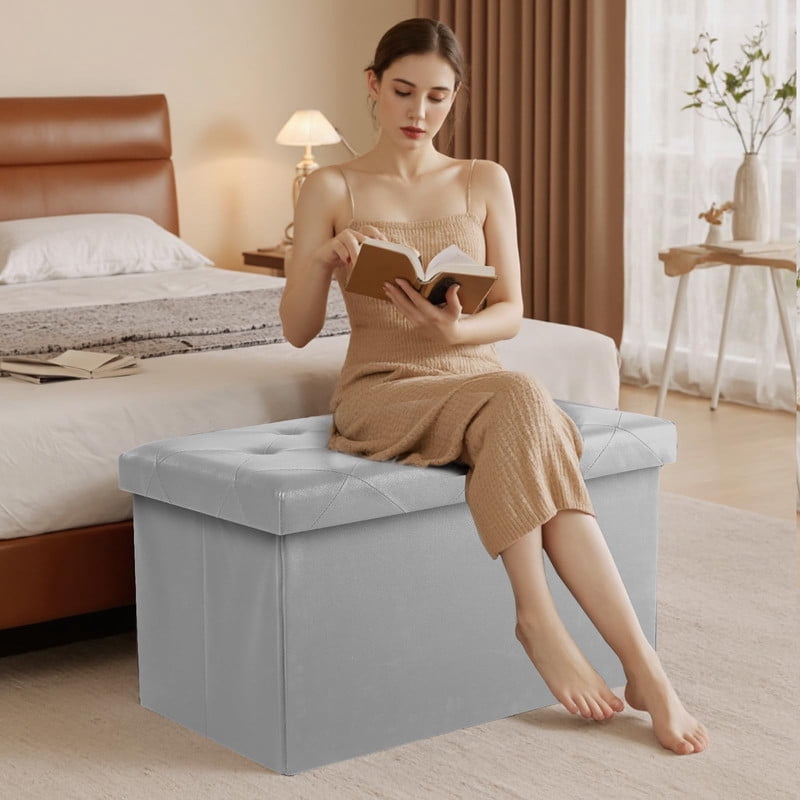 Kelno 30" Foldable Storage Ottoman Bench Faux Leather Footrest Stool with Foam Padded Seat, Gray