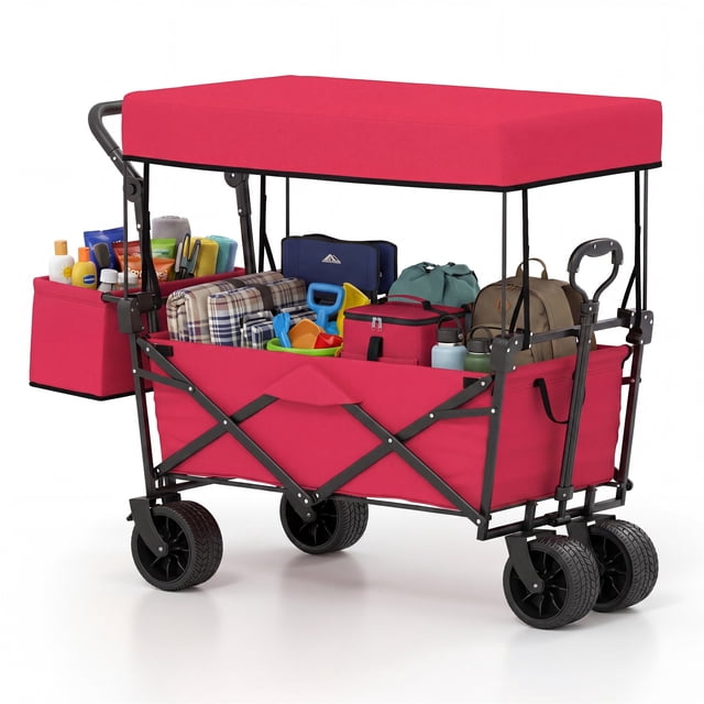 Costway Folding Utility Wagon with Detachable Canopy, Collapsible Garden Cart with Adjustable Push & Pull Handles Red