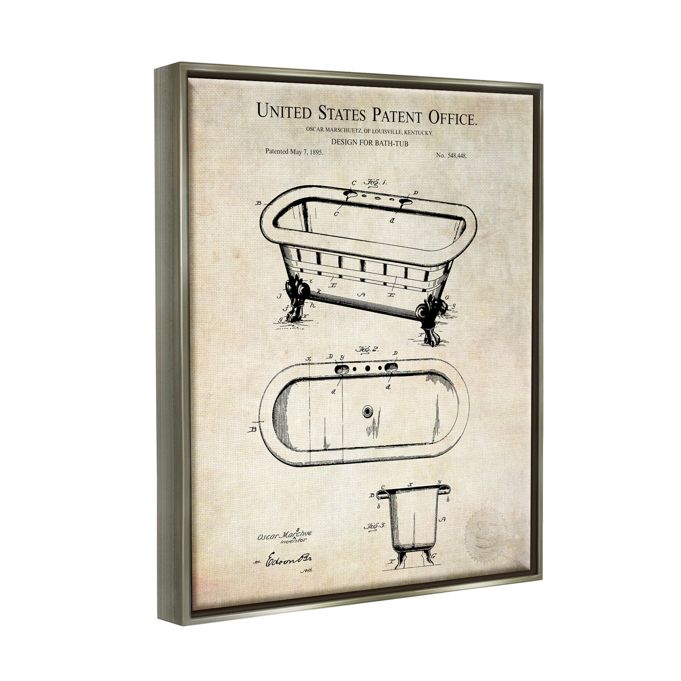 Stupell Industries Vintage Bathtub Patent Diagram Graphic Art Luster Gray Floating Framed Canvas Print Wall Art, Design by Karl Hronek