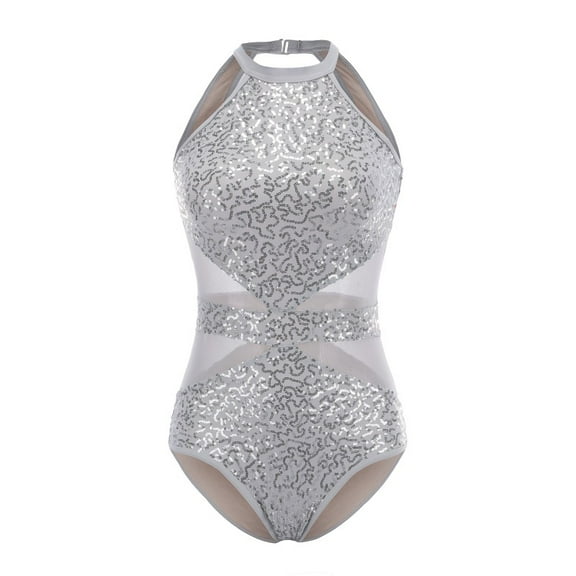 Women's Sequins Mesh Splice LeotardHalter Neck Spandex Cotton Ballet Dance Gymnastics Leotard Red Sliver Black