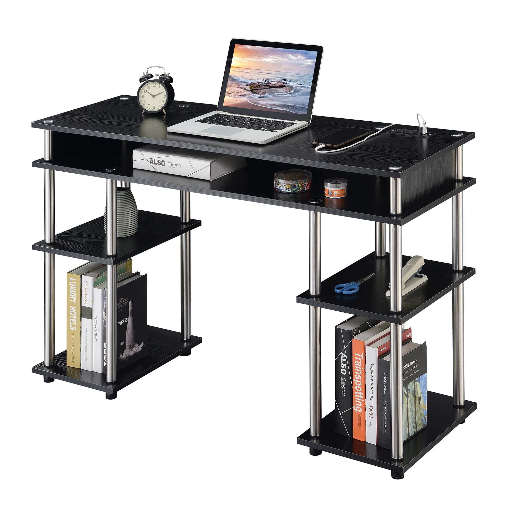 Convenience Concepts Designs2Go 30" Tall No Tools Student Desk with Charging Station and Shelves, Black