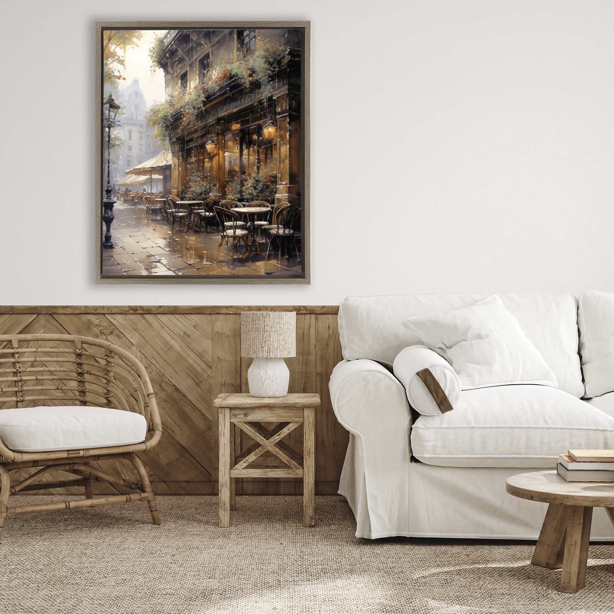Stupell Industries Paris Street Cafe in Rain Brown Framed Floater Canvas Wall Art, design by Creative Studio