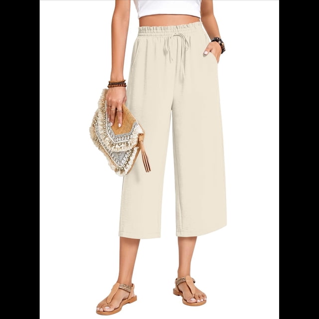 Pantalones Cortos para Mujer, Informales, con Cordón y Bolsillos, Holgados, de Cintura Alta y Pierna . Crema L