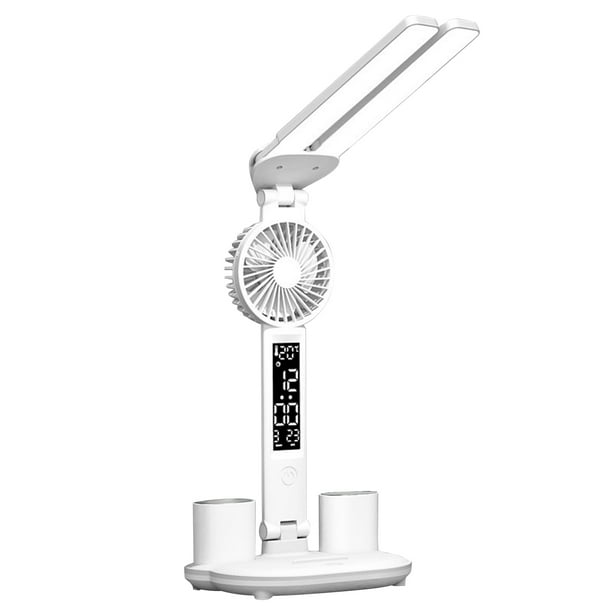 Lámpara de estudio de doble cabezal con ventilador Lámpara de escritorio LED con reloj